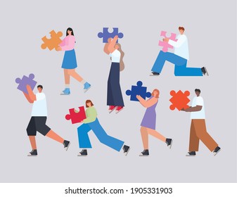 group of people with puzzle pieces on a gray background vector illustration design