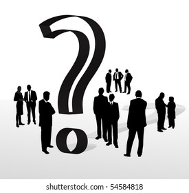 A group of people with question marks in black and white combination