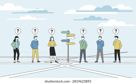 Group of people with question marks over their heads stand at a crossroads trying to choose their future direction.