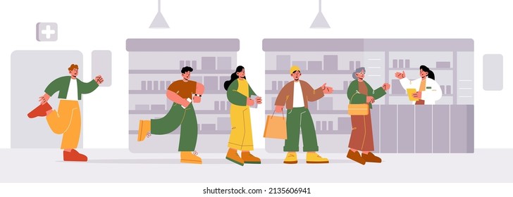 Group Of People In Queue In Pharmacy. Customers Waiting In Long Line To Checkout Counter In Drugstore. Vector Flat Illustration Of Pharmacist Service Elderly Woman, Shoppers Stand In Queue, Man Hurry