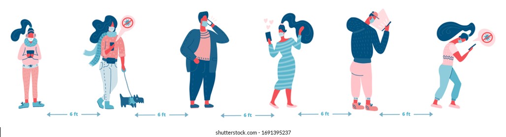 Group of People in Queue, Social Distancing Concept Protection, Prevention of Coronavirus Covid-19. Flat vector illustration