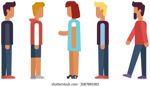 Grupo de personas haciendo cola esperando juntos. Hombres y mujeres hacen cola y se comunican. Los personajes están esperando, hablando. Orden en seguir, chicos y lagartos en cola aislados en fondo blanco