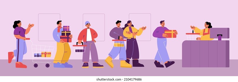 Group Of People In Queue In Supermarket. Angry Customers With Shopping Baskets And Cart In Long Line To Checkout Counter In Store. Vector Flat Illustration Of Market With Shoppers Standing In Queue