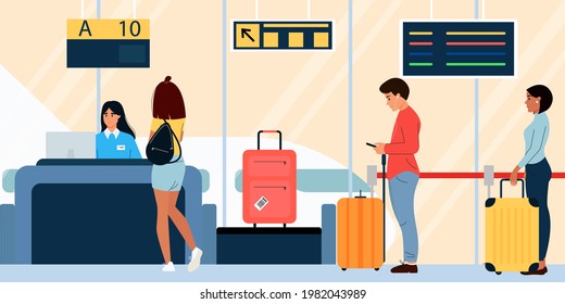 Group of people are queuing up to board the plane.  Passengers with luggage are checked in at the airport.  Vector illustration design in flat style
