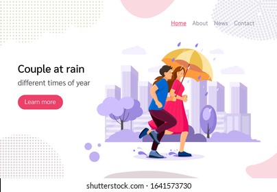 Group People In Rain. The Couple Together Man And Woman With Umbrella Running In Autumn Rainy Weather Rushing Home Through The Puddles. Autumn Outdoor Urban City Vector Landing Page