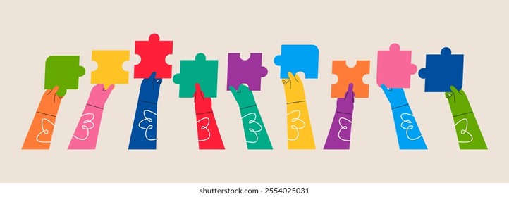 Group of people with raised arms holding a piece of jigsaw. Concept of teamwork and success. Colorful vector illustration
