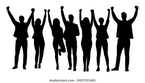 Group of people raising hand silhouette, vector silhouettes of men and a women, a group of standing people, team