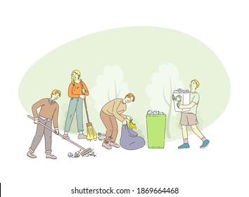 Group of people raking up garbage in bag, trash bin. Volunteers clean up wastes. People practicing garbage collection, sorting, recycling. Reduction of environmental pollution, ecology protection