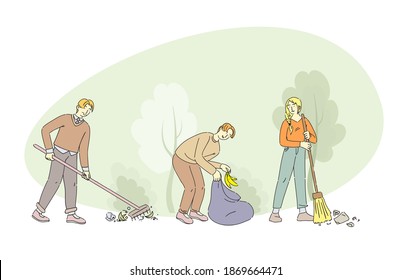 Group of people raking up garbage in bag. Volunteers clean up wastes. Man, woman practicing garbage collection, sorting, recycling. Reduction of environmental pollution, ecology protection vector