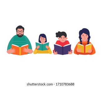 Group Of People Reading Book. Men And Women Hold A Book In Their Hands. Reading Book Club. Book Festival. Concept Of Online Reading Or Library, E-book, Online Education. Banner Template