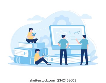 Group of people reading a book and studying online on computer screen trending concept flat illustration