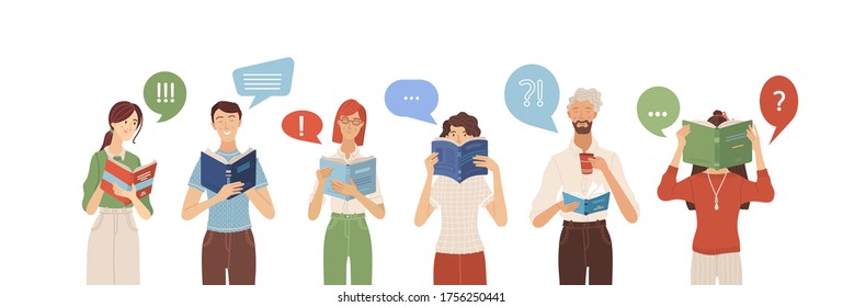 Group Of People Reading Books. Cartoon Men And Women Stand And Hold A Book In Their Hands. Vector Characters Set. Book Lovers, Students, Self-education Consept. Book Festival Banner Template