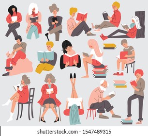 Group of people reading books. Men and women, young and old, sitting, standing and laying down and reading a book. Isolated, flat vector illustration