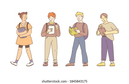Group of people reading books. Multicultural people study together. People holding books, gadgets, notebook book, study and communicate with each other together. Education knowledge concept vector