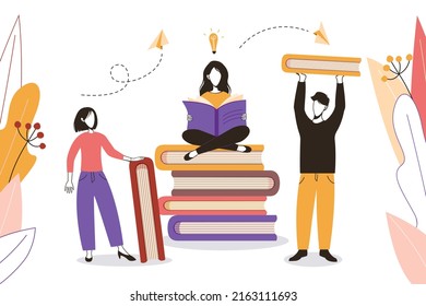 Group of people are reading books. Students study in library, literary club or book festival concept. Concept of distance studying and self education.