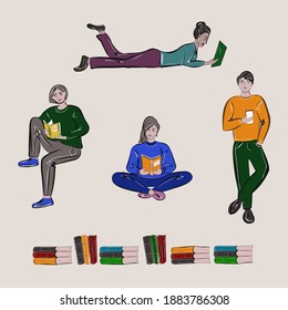 A group of people reading books, text from your tablet and phone. Education, students, rest. Scalable vector isolated image.