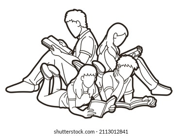 Group of People Reading Books Together Cartoon Graphic Vector	