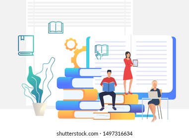 Group of people reading ebooks. Digital device, literature, education. Online library concept. Vector illustration for website, landing page, online store