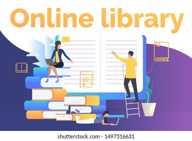 Group of people reading electronic books webpage. Digital device, literature, education. Online library concept. Vector illustration for website, landing page, online store