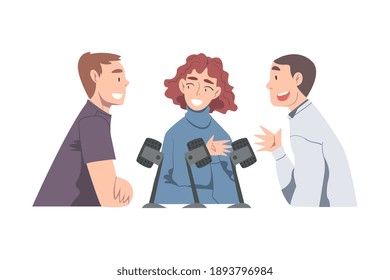 Group of People Recording Podcast, Radio Host Interviewing Guests in Broadcasting Studio on Air, Podcasting Cartoon Style Vector Illustration