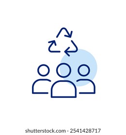 Group of people and recycling arrows. Community based sustainability projects. Green zero waste living. Pixel perfect vector icon