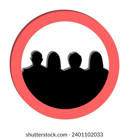 Grupo de personas en el icono vector de círculo rojo. Signo de advertencia. Silueta negra de cuatro personas de fondo blanco. Equipo de vectores de personas. Grupo de personas