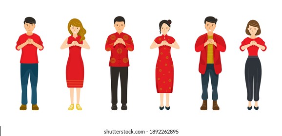 Group of People in Red Clothes, Chinese New Year, Traditional and Modern Clothes, Men and Women