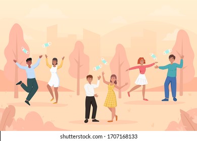 Group of people rejoicing of ending quarantine, self isolation and covid-19 pamdemic at the park. Young laughing woman and man take off their medical masks and tossing them. Happy defeat coronavirus