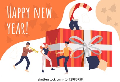 Group of people rejoicing New Year's party. Christmas, holiday, party. Happy New Year concept. Vector illustration for presentation slide, poster, new projects