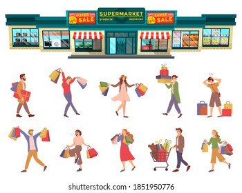 Group of people is rejoicing with packages with purchases in their hands. Men and women are picking up colorful bags on white background. Customers are shopping in supermarket. Shoppers at the store