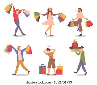 Group of people rejoicing with packages with purchases in their hands. Men and women are picking up shopping bags on white background. Customers are buying gifts for the holidays. Sale advertising