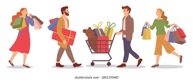 Group of people rejoicing with presents and boxes in their hands. Team is picking up shopping bags on white background. Customers are buying gifts for the holidays. Man with purchases in shopping cart