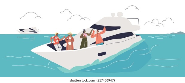 Group of people relax on luxury yacht in ocean. Friends spend summer vacation in sea travel together on boat. Men and women rest drink cocktails during yacht cruise. Cartoon flat vector illustration