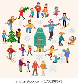 Group of people relax winter sport, christmas holiday mood season flat vector illustration. Xmas cold season character people rest, winter time sport event. Cheerful calmness sentiment.