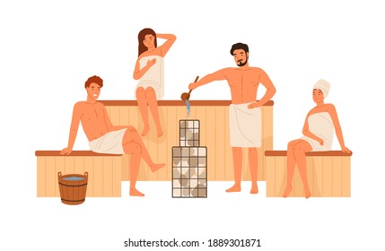 Group of people relaxing at public sauna or bathhouse vector flat illustration. Men and women wrapped in towels sitting at wooden steam room isolated on white. Male pouring water on hot stones. 