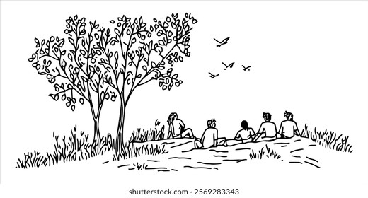 group of people relaxing under a tree in nature hand drawn doodle sketch