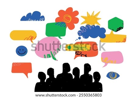 A group of people, represented by simple silhouettes, surrounded by a colorful array of speech bubbles. Symbolizing the diversity of thoughts, ideas and opinions in society.