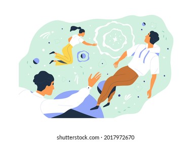 Group of people researching and discovering new and unknown. Concept of research and discovery in science. Researchers studying and exploring. Flat vector illustration isolated on white background