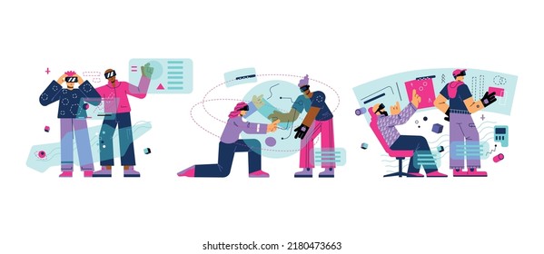 Grupo de personas que investigan el estilo plano metaverso, conjunto, ilustración vectorial aislada en fondo blanco. Personajes de hombres y mujeres en lentes de realidad virtual, símbolos abstractos alrededor