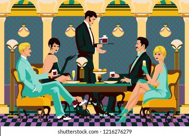 A group of people in a restaurant of the early 20th century. Retro party invitation card. Handmade drawing vector illustration. Art Deco style. Flat design.