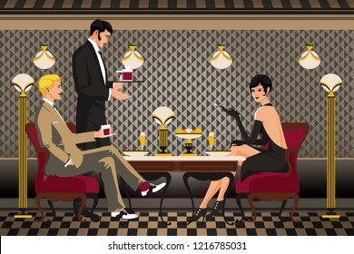 A group of people in a restaurant of the early 20th century. Retro party invitation card. Handmade drawing vector illustration. Art Deco style. Flat design.