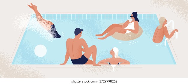 Group of people resting together at open-air swimming pool party vector flat illustration. Joyful friends enjoy outdoors leisure. Man and woman diving, floating in rubber ring, talking and smiling