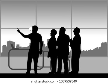 A group of people in a review of VR glasses in office, one in the series of similar images silhouette