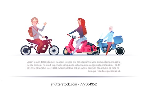 Group Of People Riding Different Motorcycles Electric Scooter And Motorbike Isolated On White Background With Copy Space Flat Vector Illustration