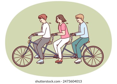 Group of people riding same bike together and enjoying shared relaxation and teamwork while walking. Concept of unity and concerted action in implementation of tasks and cohesive teamwork