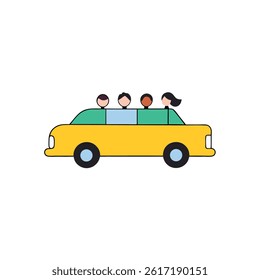 Group of people riding in a yellow car vector illustration