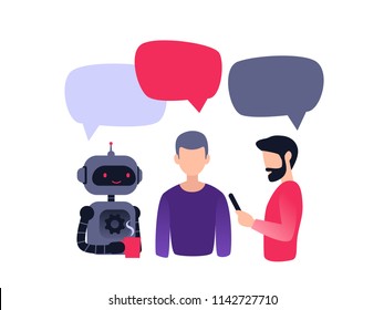 Group of people and robot, colleagues, office workers. Teamwork vector illustration, flat style, coworkers discuss news, chat, dialogue speech bubbles. Artificial intelligence at office.