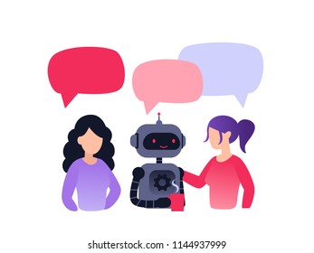 Group of people and robot, colleagues, office workers. Teamwork vector illustration, flat style, coworkers discuss news, chat, dialogue speech bubbles. Artificial intelligence at office.