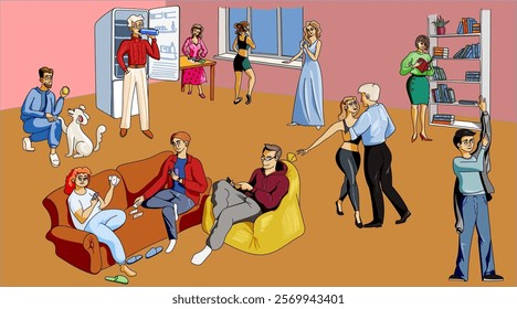 A group of people in a room doing various things: playing, reading books, rehearsing a dance. everyone is busy with their own business. Vector illustration