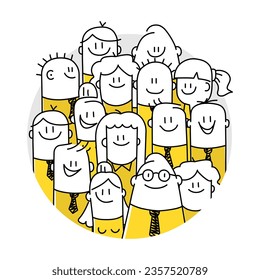 Group of people in round frame. Stick figure. Doodle style. Vector illustration.